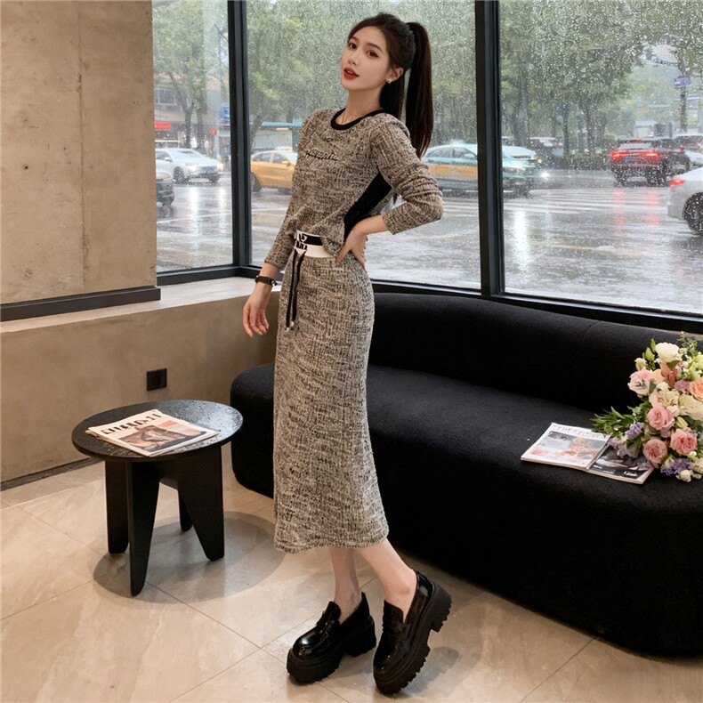 高级感时尚休闲套装女秋季新款港风洋气显瘦卫衣开叉半身裙两件套,女装套装/套裙,江南