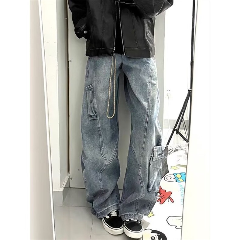 拼接牛仔裤男直筒宽松工装裤子男款新款美式休闲长裤WL5655-P60图片