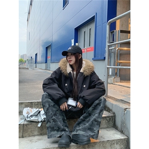 现货重磅boxy短款棉衣座山雕大毛毛领男女棉服水洗工装厚外套图片