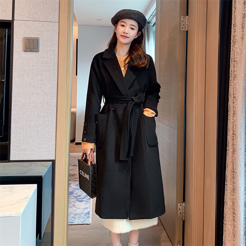 黑色韩版中长款呢宽松大衣女2024年冬季新款赫本风流行毛呢外套,女装毛呢外套,辉之琳