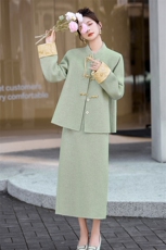 芷墨2025年冬季新款双面呢外套半身裙两件套装裙新中式盘扣套装，女装套装/套裙，芷墨服饰