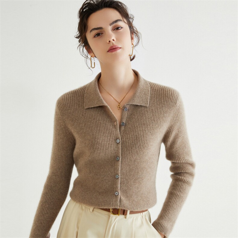 简约山羊绒开衫女polo领打底针织衬衫修身毛衣外套纯色羊毛上衣，女装羊绒衫，晨晟羊绒