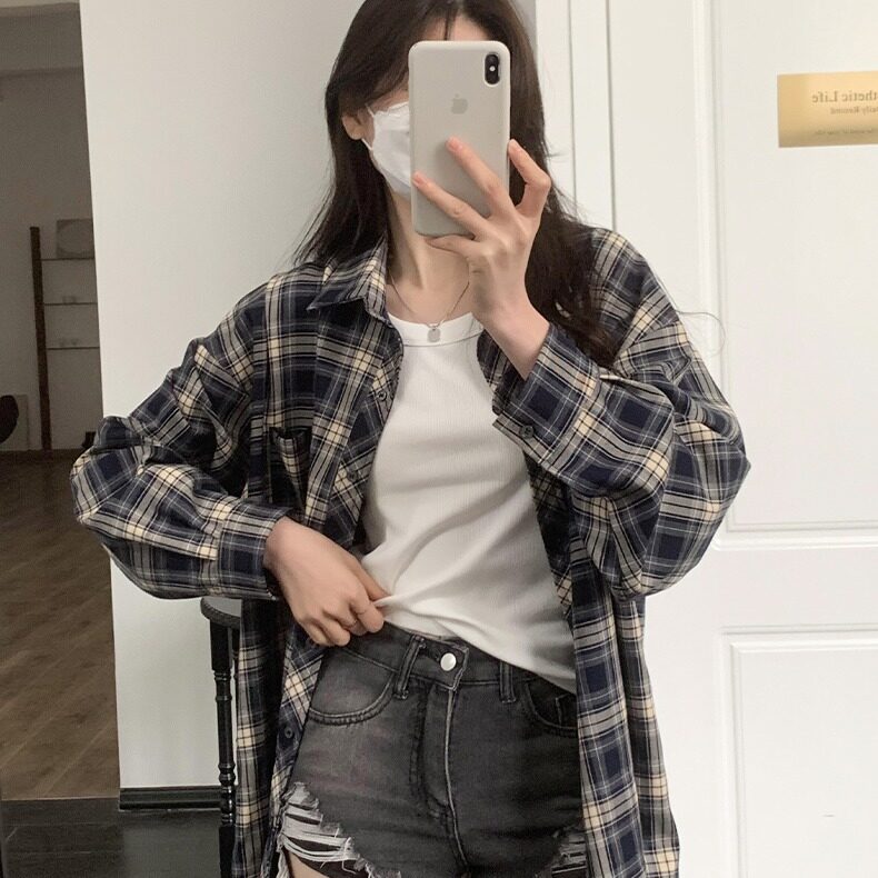 D8876-P50美式复古格子衬衫男女外套春秋季设计感衬衣-网图现货,男装衬衫,星座603-2