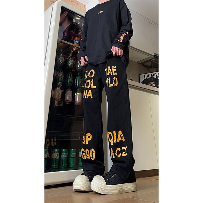 现货美式高街斑驳黄色字母宽松直筒牛仔裤男K5818-P50控68,男装牛仔裤,星座205