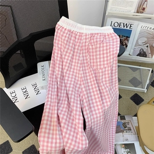 AK2397-p40 粉色格子裤女春秋2026年新款夏季多巴胺垂感阔腿裤子图片
