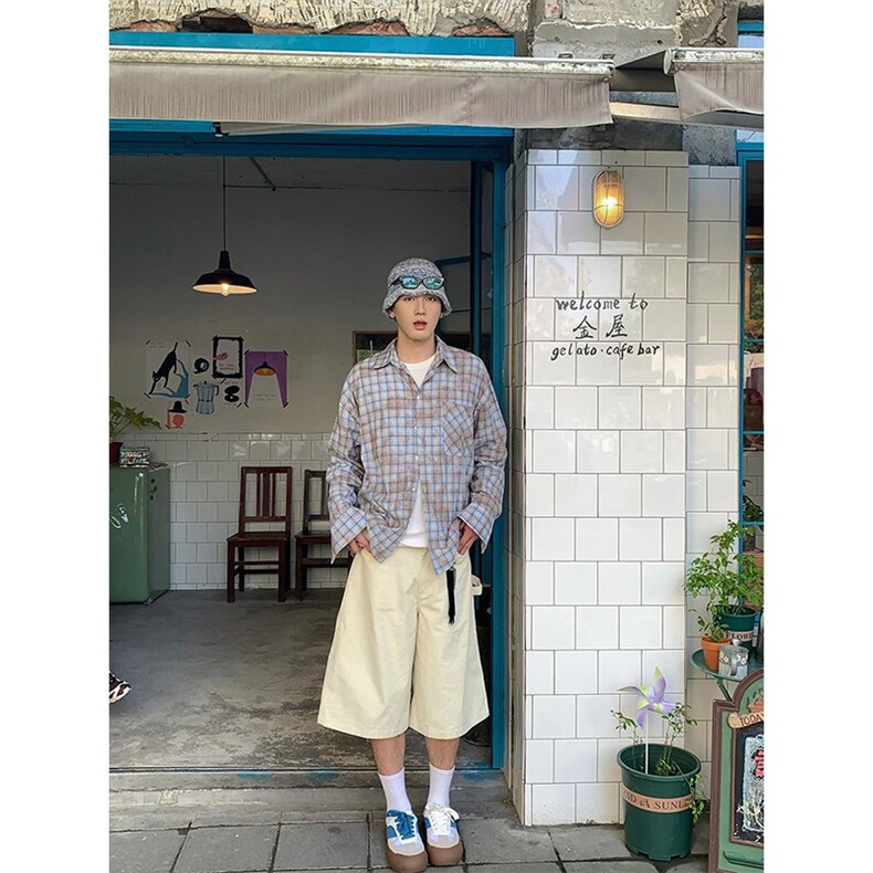 美式复古撞色拼接格子长袖衬衫男女春夏新款防晒宽松休闲衬衣外套,男装防晒衣,星座218-1（原230）