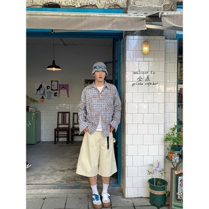 美式复古撞色拼接格子长袖衬衫男女春夏新款防晒宽松休闲衬衣外套图片