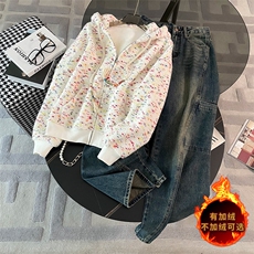 女秋季碎花加绒连帽卫衣牛仔阔腿裤两件套，女装套装/套裙，江南