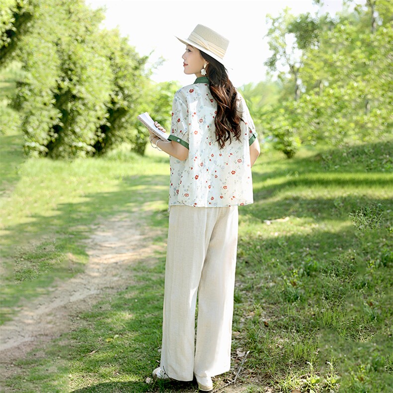 2025夏装新款苎麻碎花上衣复古宽松短袖印花衬衫女设计感碎花衬衣,女装套装/套裙,凝聚力