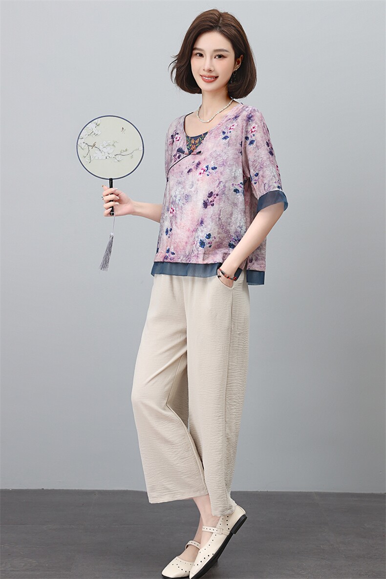 复古印花T恤女2025年新款中老年妈妈短袖夏装宽松新中式盘扣上衣,女装套装/套裙,涵誉