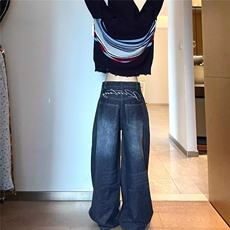 深蓝色水洗阔腿牛仔裤男女春秋季时尚潮牌宽松休闲百搭做旧直筒裤，男装牛仔裤，星座506A