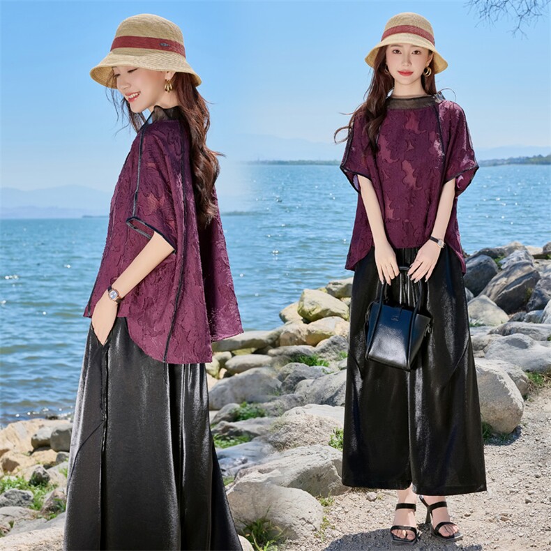 时尚套装女2025夏季新款宽松显瘦洋气复古提花短袖阔腿裤子两件套，女装套装/套裙，缘衣格