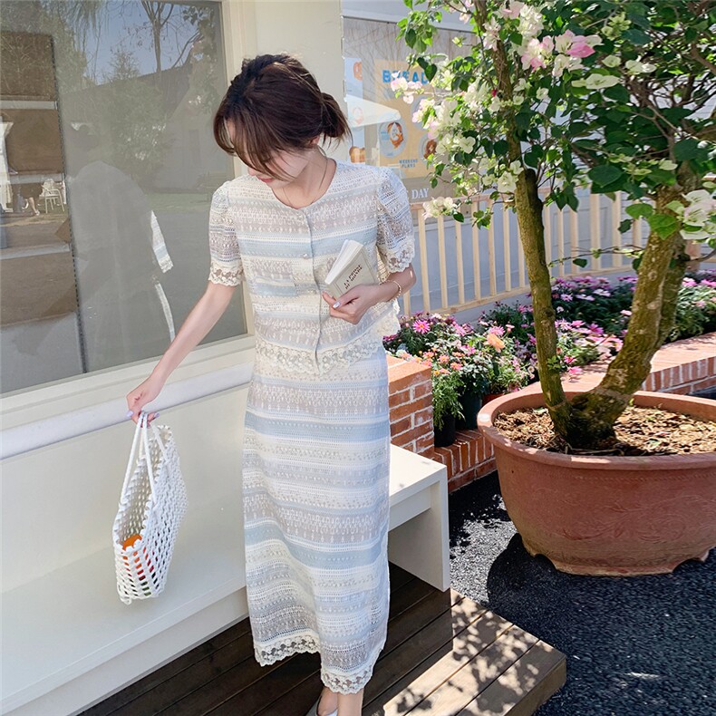 法式时尚套装蕾丝连衣裙女夏2025新款小香风上衣半身裙两件套潮,女装套装/套裙,2C098