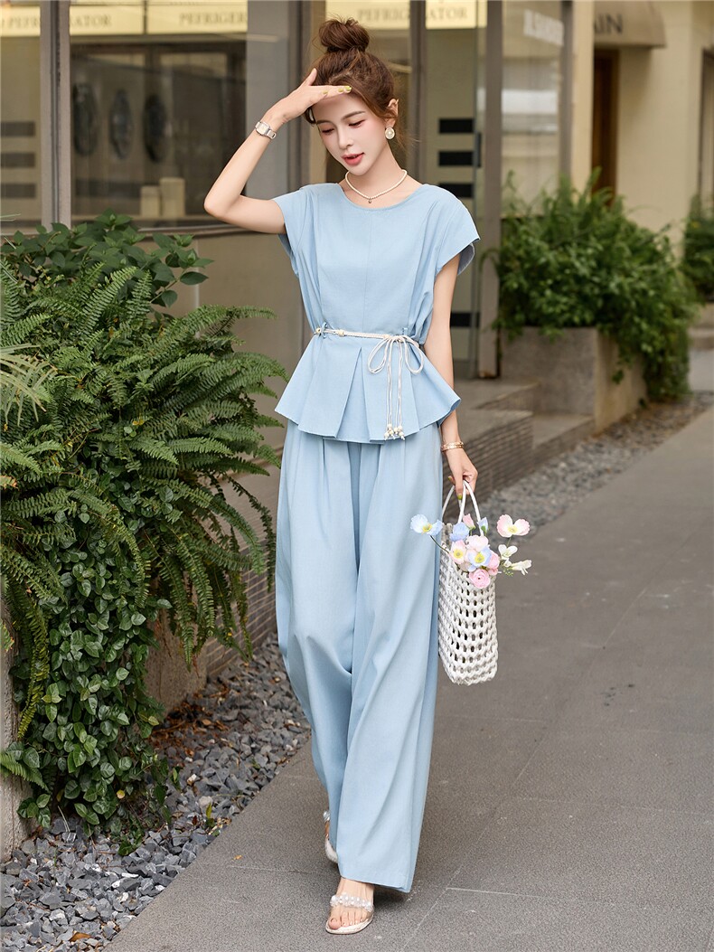 爆款夏装流行穿搭一整套女2025新款时尚套装收腰显瘦阔腿裤两件套,女装套装/套裙,布芭啦