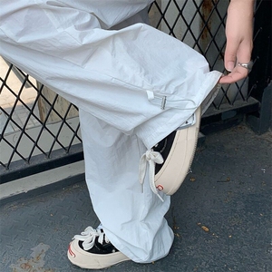 美式高街褶皱弯刀裤子女春夏季新款松紧腰抽绳宽松阔腿拖地休闲裤图片