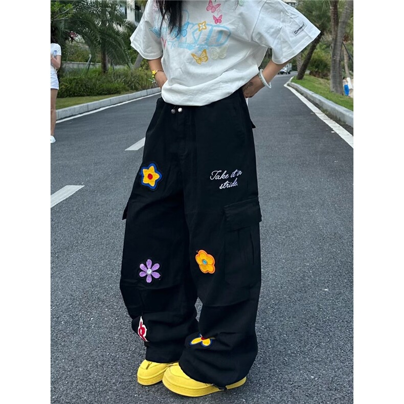 美式复古小花朵刺绣做旧水洗工装裤男女多口袋阔腿裤情侣潮图片