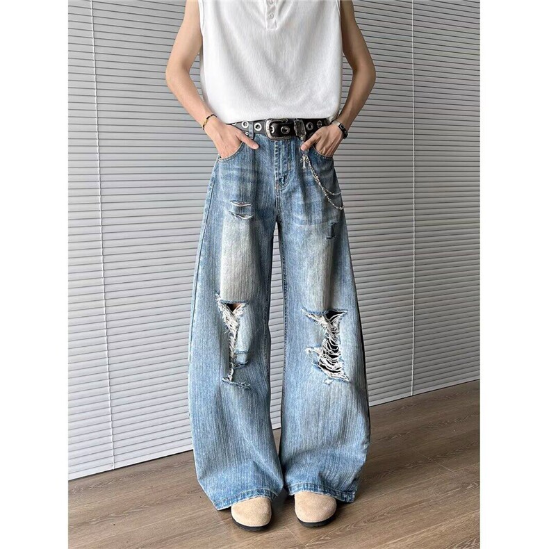 复古高街破洞竹节做旧牛仔裤子男女夏季设计感微喇裤4121P52，男装牛仔裤，星座410-2