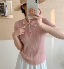 韩系学院风精纺羊毛Polo领正肩减龄短袖，女装T恤，艾米娇羊绒