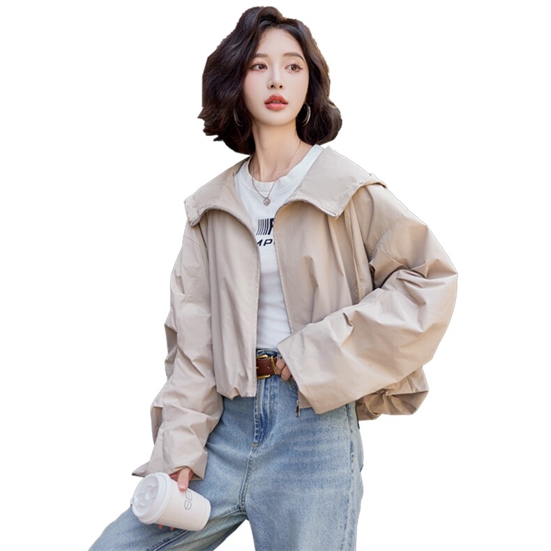 主推现货款2025春装新款气质韩版大码连帽宽松休闲短款风衣女,女装风衣,苗苗