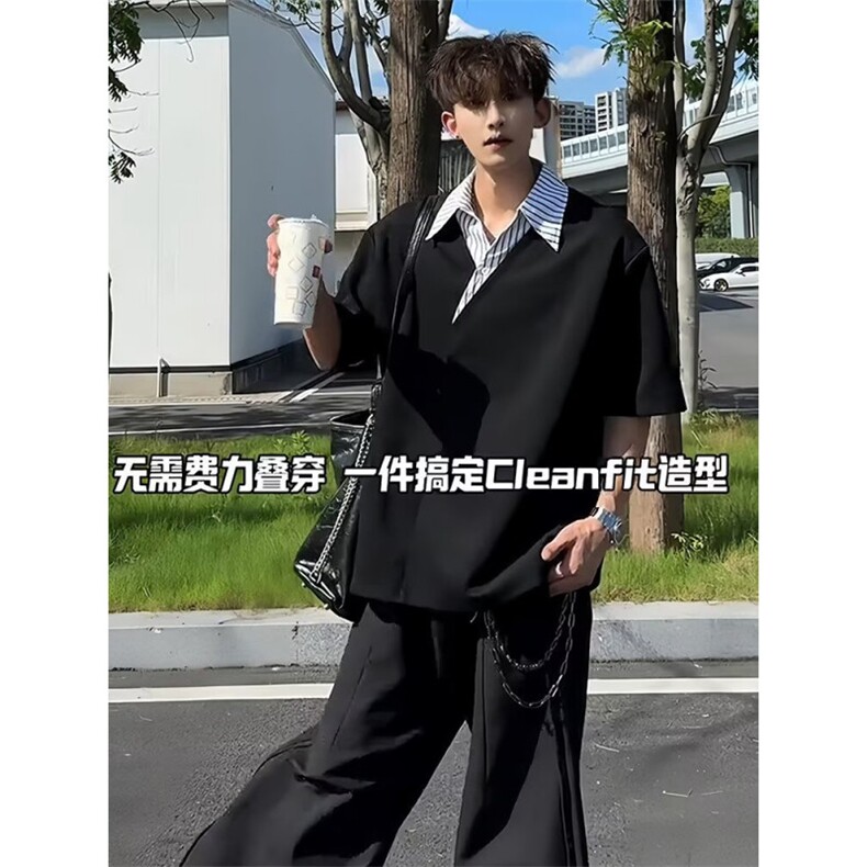 美式假两件POLO衫男夏季翻领条纹衬衫领拼接短袖T恤513DT3496P35,男装T恤,星座513