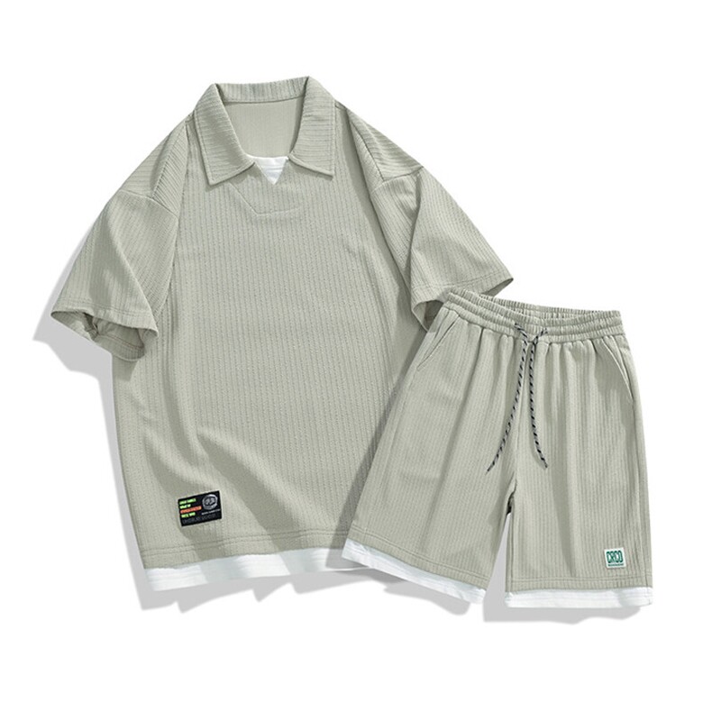套装夏季潮牌痞帅宽松拼接短袖衬衫短裤休闲两件套 A436-T09-P65图片