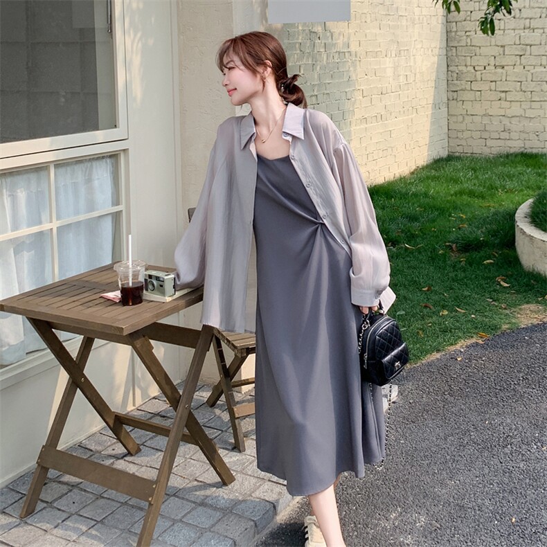 韩系御姐风穿搭一整套女夏高级感灰色天丝防晒衬衫吊带连衣裙套装，女装套装/套裙，欣美人