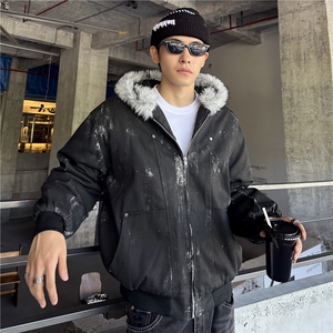 美式丝染座山雕染色连帽冬季重工厚大毛领夹棉棉服外套图片