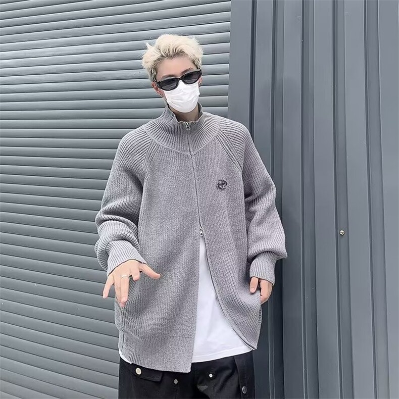 美式宽松百搭双拉链开衫毛衣外套男春秋慵懒风纯色针织衫M5696,男装针织衫/毛衣,星座1116A-1（原606A）