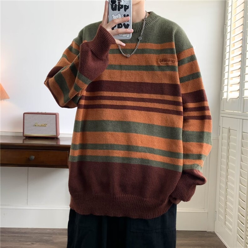 日系复古撞色条纹针织衫上衣秋冬潮牌休闲毛衣Z3127-P50,男装针织衫/毛衣,星座1109-3