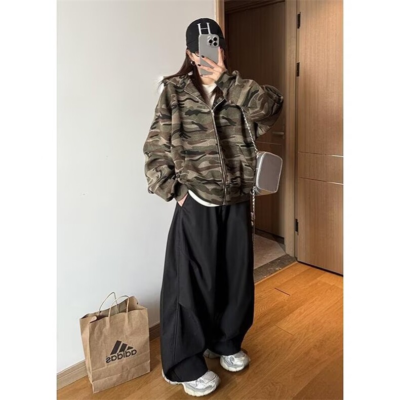 美式复古迷彩连帽卫衣开衫男2025秋季新款宽松百搭外套女,女装短外套,星座506A