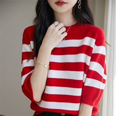 时尚条纹短袖羊毛衫宽松显瘦舒适百搭适合春季穿着，女装羊毛衫，宏杨羊绒