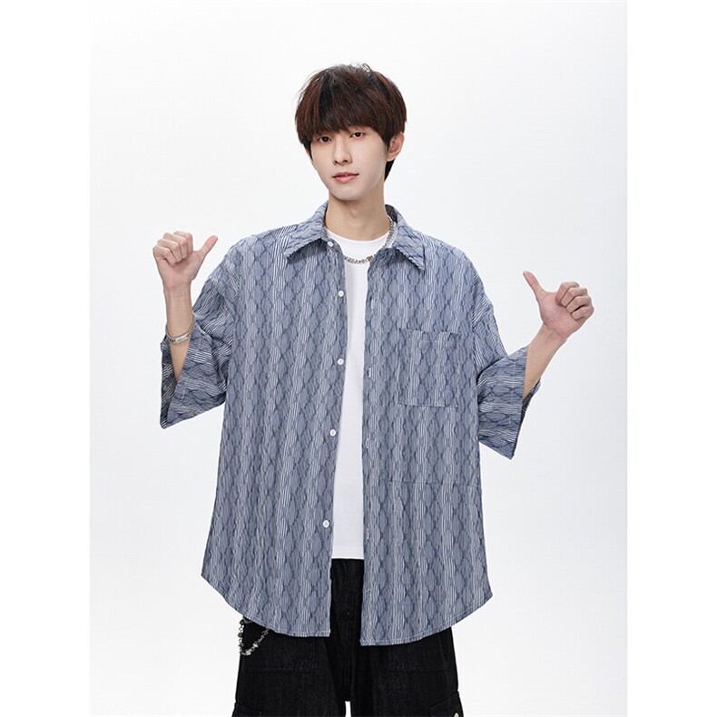 曲线条纹五分袖衬衫男KD684-P50,男装T恤,电商D312-1