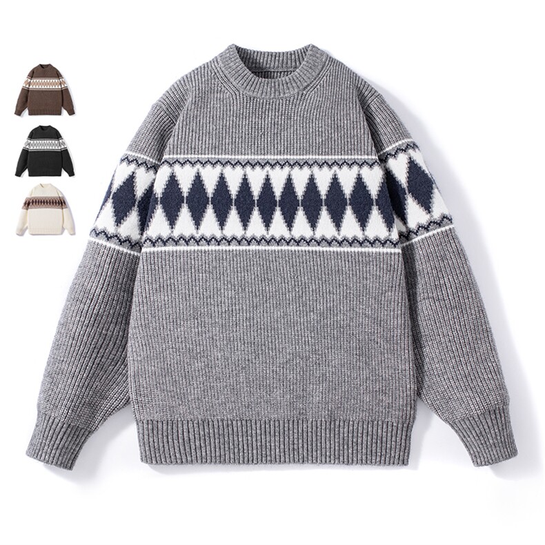 菱形格子复古圆领毛衣男上衣2025秋冬加厚宽松打底衫休闲外套线衣，男装T恤，星座914