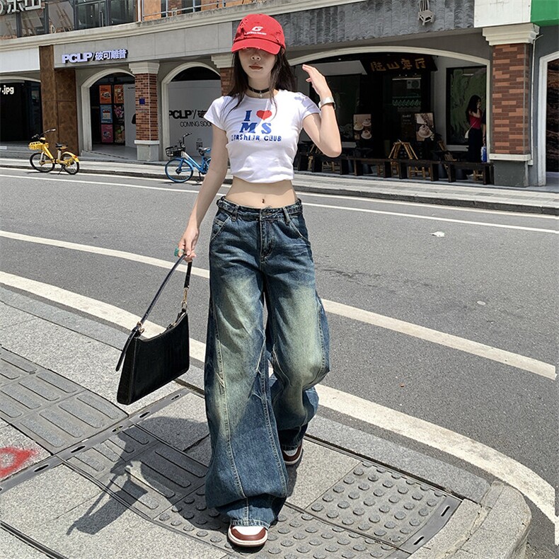 随性遛弯白色镰刀裤设计感工装阔腿牛仔裤男女宽松长裤YD9017-P70,男装牛仔裤,星座509