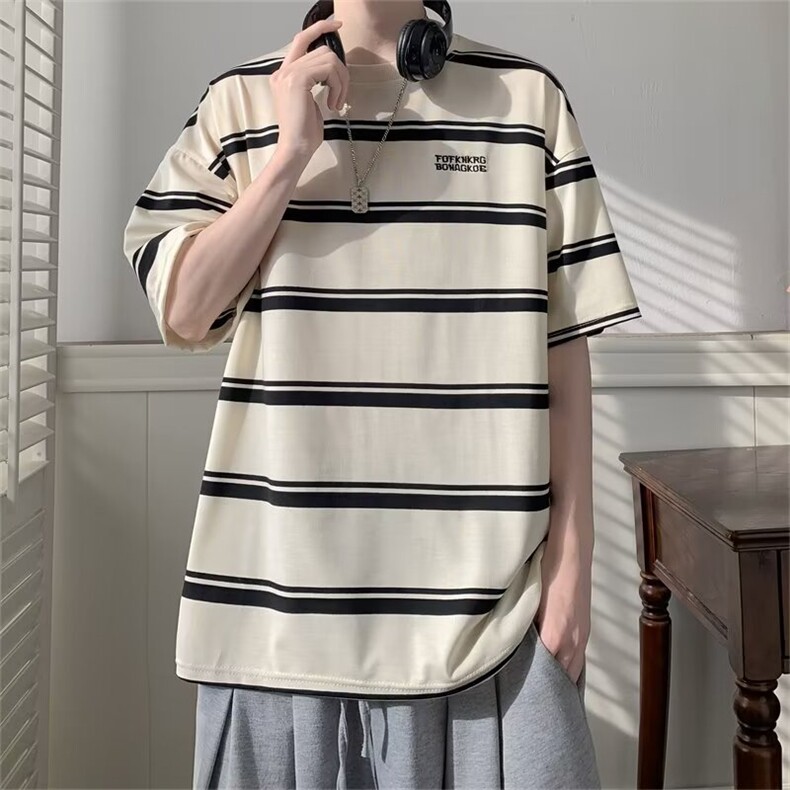 夏季新款男士短袖T恤青少年学生宽松条纹圆领半袖体恤ST268-P35,男装T恤,星座412-2