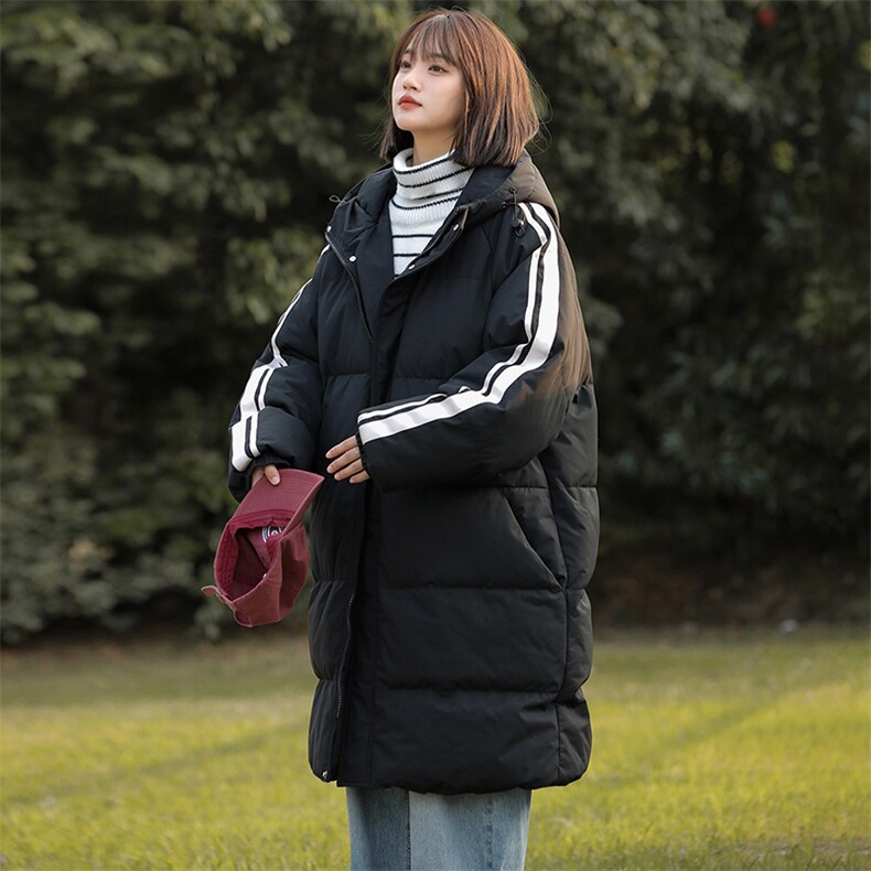侧边条纹连帽中长款棉衣男宽松潮流冬季加厚御寒保暖棉服大衣外套,男装棉衣,电商A409-1