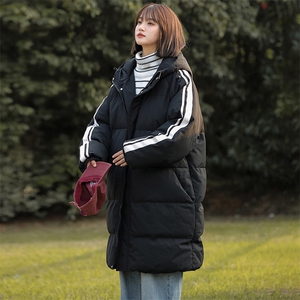 侧边条纹连帽中长款棉衣男宽松潮流冬季加厚御寒保暖棉服大衣外套图片
