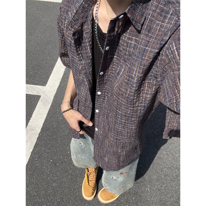 B221美式ins高街宽松薄款泡泡格短袖衬衫SY2548-特P35控59,男装T恤,电商B221