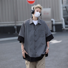 2024夏季新款假两件拼接条纹衬衣宽松bf短袖衬衫现货W8199-P32，男装衬衫，星座512-4
