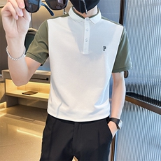 主推C60035拼接刺绣翻领短袖T恤Polo衫设计感半袖上衣D342-T0263，男装T恤，电商D342