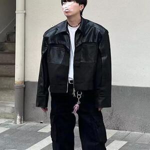 美式时尚短款垫肩翻领皮外套男高级拼接飞行夹克痞帅解构机车服图片