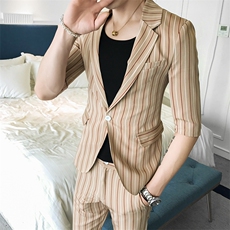 夏新款男士修身西装套装条纹小西服结婚九分西裤A328-1928-P135，男装西服套装，星座406