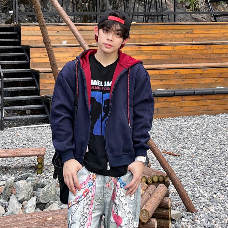 抖音得物二开美式高街重磅结构双层撞色连帽卫衣开衫外套W116,男装卫衣,电商A486