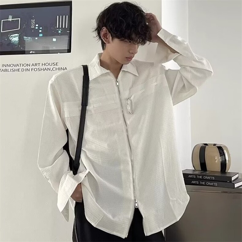 C246-P38华夫格长袖衬衫男夏季潮牌小众设计感痞帅宽松休闲，男装衬衫，电商B323A