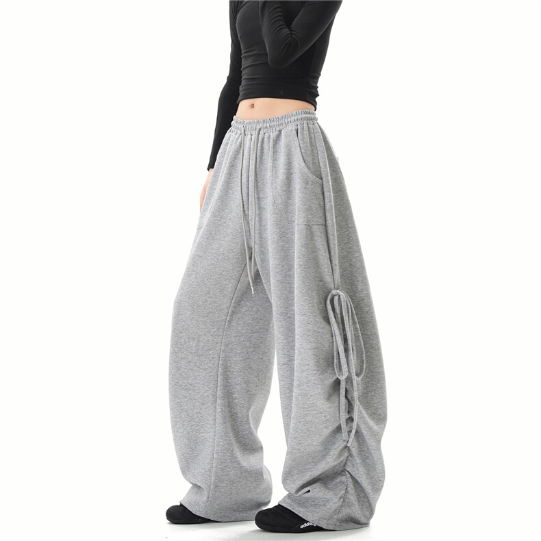 美式慵懒辣妹低腰灰色运动裤设计感绑带抽绳爵士街舞嘻哈阔腿裤，女装休闲裤，星座715-4
