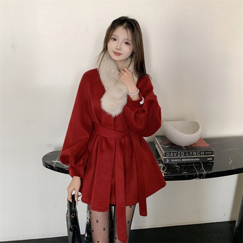 现货新款圣诞款2176-P350-K520双面羊绒大衣配围脖,女装双面呢大衣,韩然一族