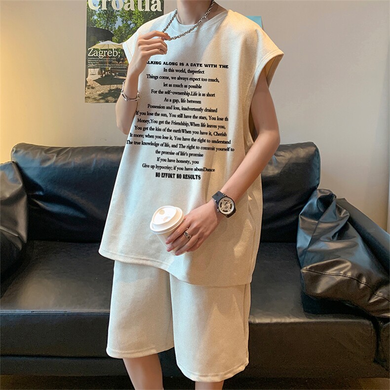 直播美式麂皮绒宽松背心无袖t恤短裤大码两件套套装TZ25-P58,男装T恤,电商A486