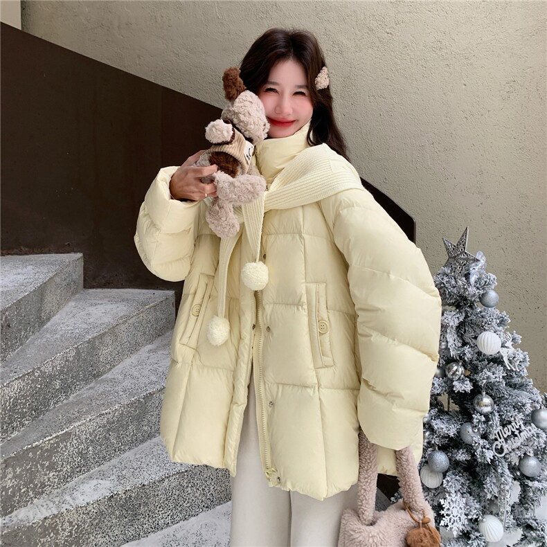 椰奶泡哑光羽绒服女2026冬季新款宽松黄色加厚外套面包服针织披肩,女装羽绒服,2C218