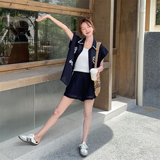 2025夏季欧货小香风翻领刺绣无袖衬衫上衣+短裤套装女，女装套装/套裙，欧黛芙妮
