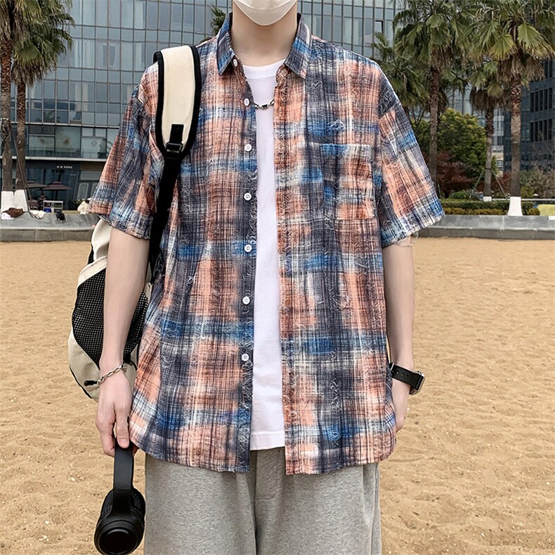 复古男款春秋夏季衬衫潮流宽松青年痞帅短袖破洞衬衣港风7223P45,男装衬衫,电商A056